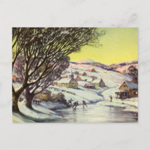 Vintage jul, fryst Sjö med isSkater Helg Vykort