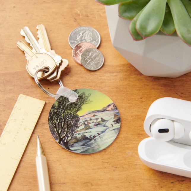 Vintage jul, fryst Sjö med isSkater Nyckelring (Skrivbord)