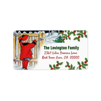 Vintage jul Girl and Holly Adressetikett