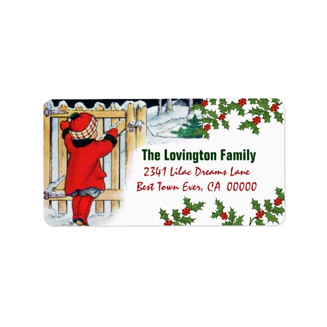 Vintage jul Girl and Holly Adressetikett (Framsidan)