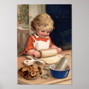 Vintage jul - Girl Baking Cookies Poster