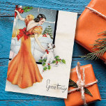 Vintage jul Girl by Window with Hund Julkort<br><div class="desc">Vintage jul Girl by a Window with her Hund.</div>