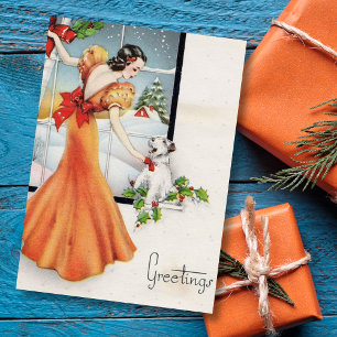Vintage jul Girl by Window with Hund Julkort