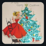 Vintage jul Girl Decoration Träd Fyrkantigt Klistermärke<br><div class="desc">Vintage Girl Decorating Träd Square Sticker.</div>