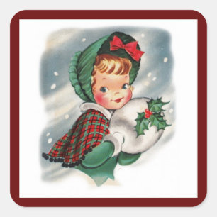 Vintage jul Girl Holding Holly Fyrkantigt Klistermärke
