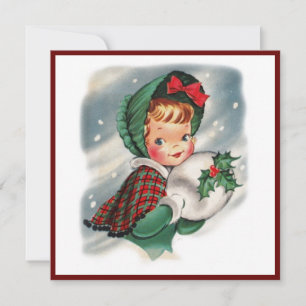 Vintage jul Girl Holding Holly Julkort