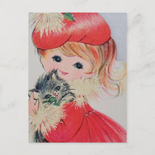 Vintage jul Girl Holding Kattunge Helg Vykort