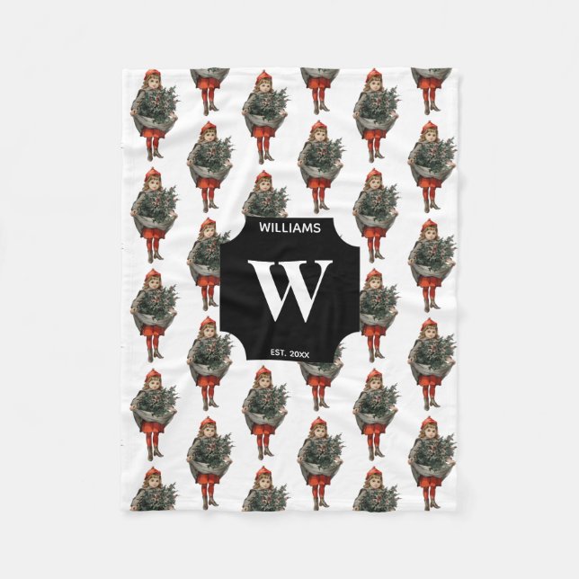 Vintage jul Girl & Holly Berries Monogrammed Fleecefilt (Framsidan)