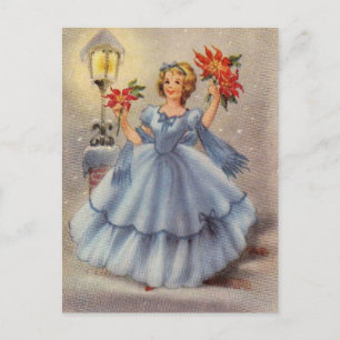 Vintage jul Girl in Blue Dress Helg Vykort