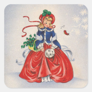 Vintage jul Girl in Dress Fyrkantigt Klistermärke