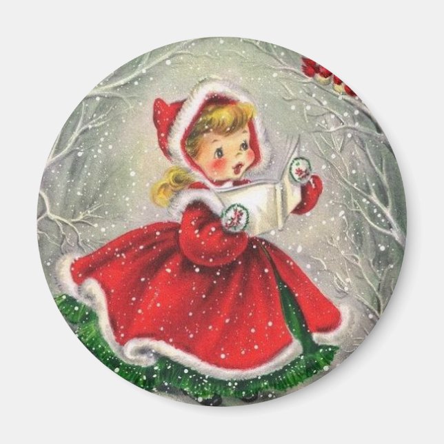 Vintage jul Girl sjunger till fåglar Magnet (Framsidan)