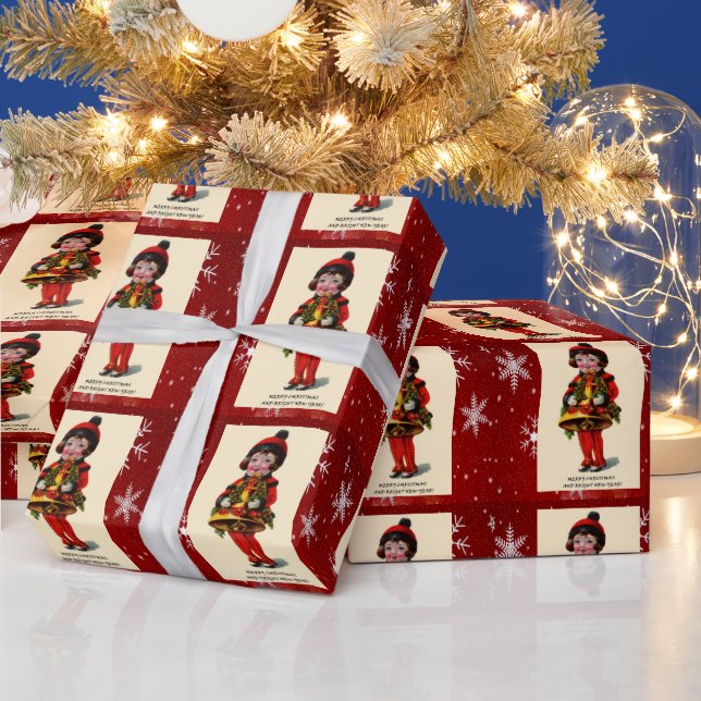 Vintage jul Girl, Snöflingor Wrapping Papper Presentpapper (Helgdagar)