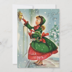 Vintage jul Girl som kommer till Greet You Julkort