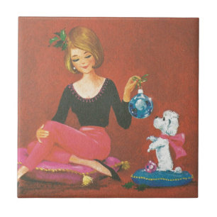 Vintage jul Girl with Fransk Pudel Kakelplatta
