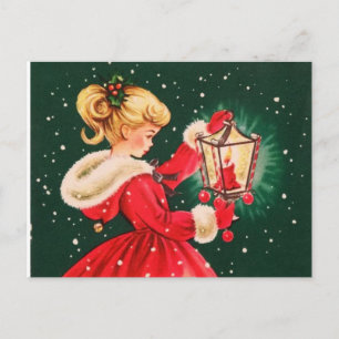 Vintage jul Girl with Lantern Helg Vykort