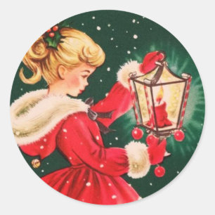 Vintage jul Girl with Lantern Runt Klistermärke