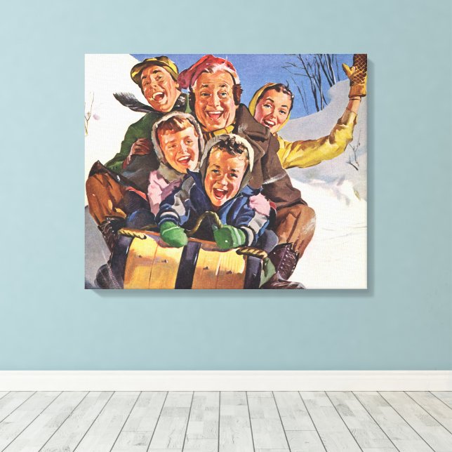Vintage jul, glad familj åker släde canvastryck (Insitu (trägolv))