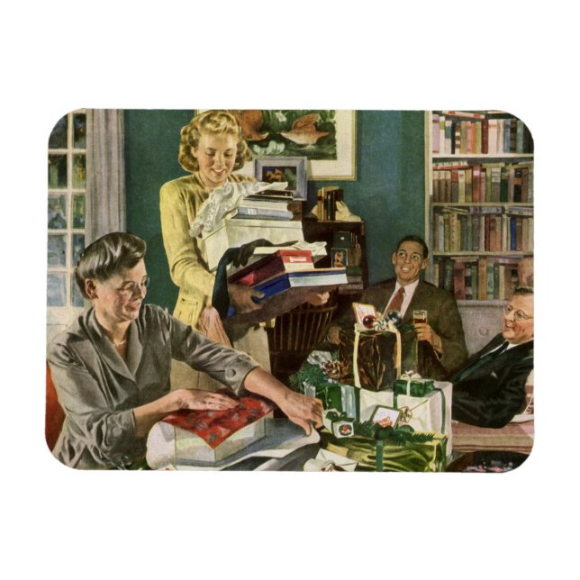 Vintage jul, glad familj som pakar presenter magnet (Horisontell)