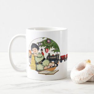 Vintage jul, glad pojke som leker med leksaker kaffemugg
