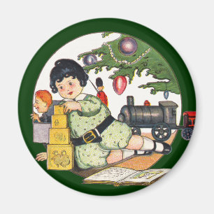 Vintage jul, glad pojke som leker med leksaker magnet