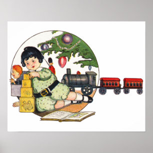 Vintage jul, Glad pojke som leker med leksaker Poster