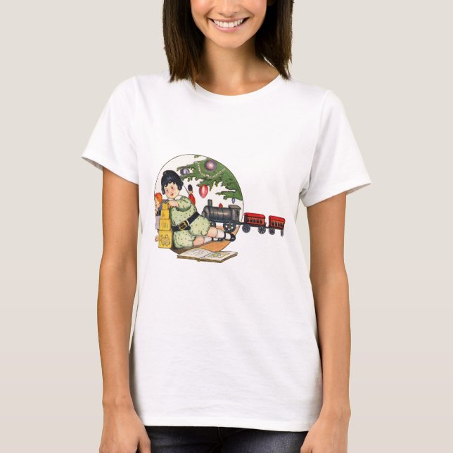 Vintage jul, glad pojke som leker med leksaker tee (Framsida)