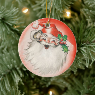 Vintage jul, glad retro 50-tals jultomte julgransprydnad keramik