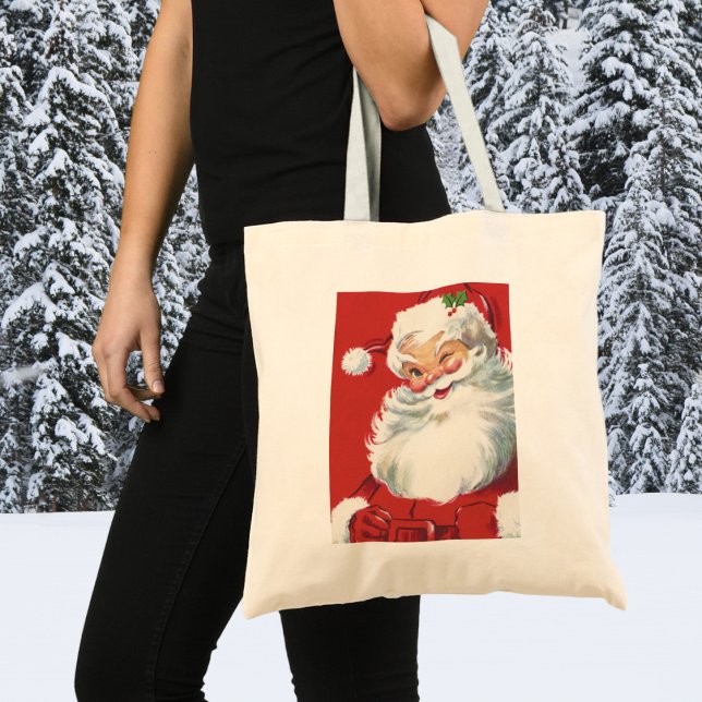 Vintage jul, glädjefull blinkande tomte tygkasse (Skapare uppladdad)