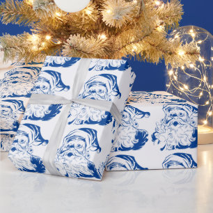 Vintage jul, glädjefull jultomte i blått presentpapper