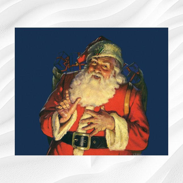 Vintage jul, glädjefull jultomte med leksaker poster (Vintage illustration Christmas design featuring a happy, jolly Santa Claus with a sack full of toys.)