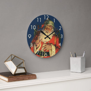 Vintage jul, glädjefull jultomte med leksaker stor klocka