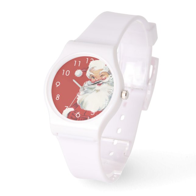 Vintage jul, glädjefull jultomte som blinkar armbandsur (Vinkel)