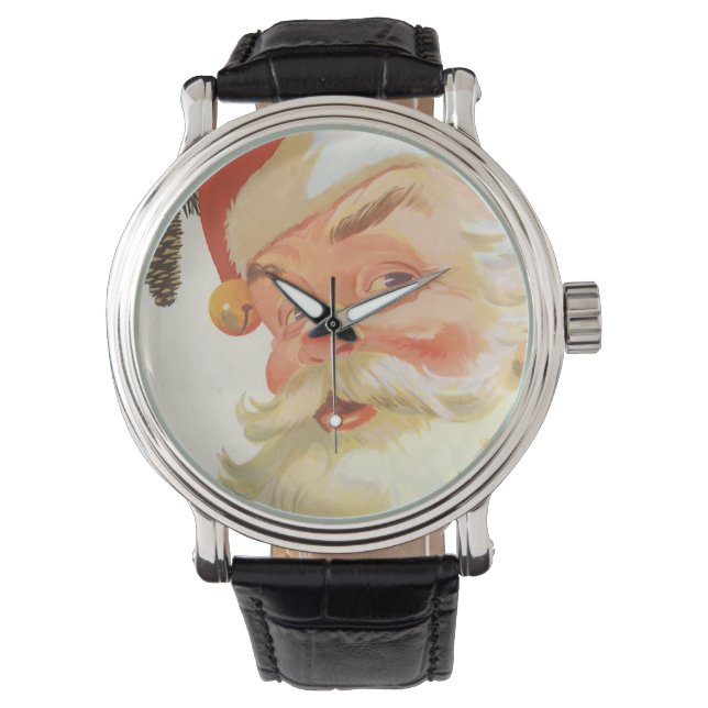 Vintage jul, glädjefull tomte med en hemlighet armbandsur (Framsida)