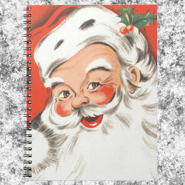 Vintage jul, glädjefull tomte med leende anteckningsbok