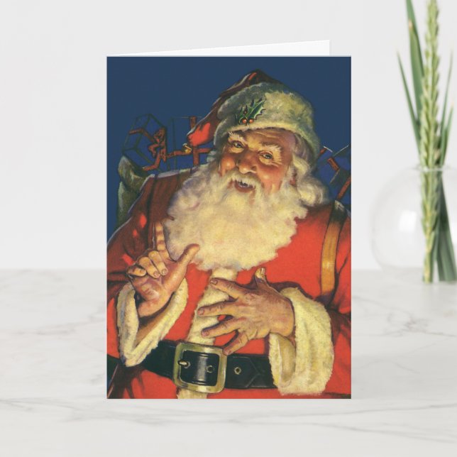 Vintage jul, glädjefull tomte med leksaker helgkort (Framsida)