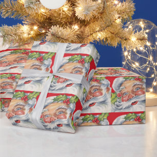 Vintage jul, glädjefull tomte med sin mössa presentpapper