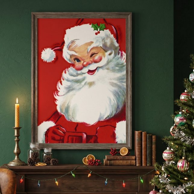 Vintage jul, glatt blinkande jultomte poster (Vintage illustration Christmas design featuring a happy, jolly Santa Claus wearing a hat and winking)