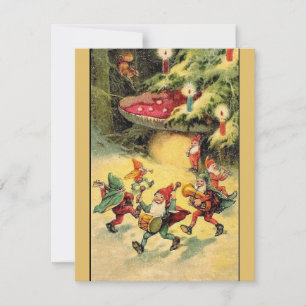Vintage jul Gnomes Dancing Around Mushroom Julkort