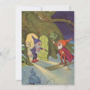 Vintage jul Gnomes Snö Skiing Julkort
