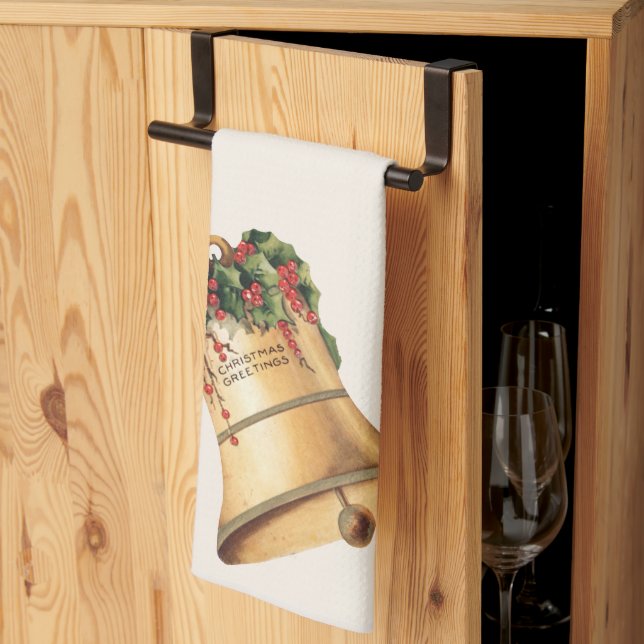 Vintage jul Golden Klockor, säsongens hälsningar Kökshandduk (Thirds Fold)