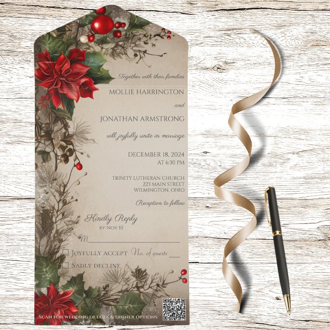 Vintage jul Gräs & Poinsettia QR-kod (Also available without QR code. )