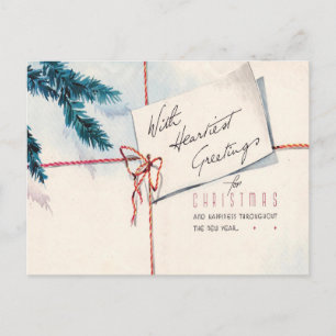 Vintage jul Hälsning Red String Evergreen Helg Vykort