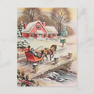 Vintage jul häst & vagn bro snö vykort