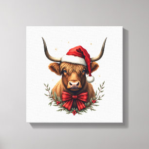 Vintage jul Highland ko i Santas mössa Rustik Canvastryck