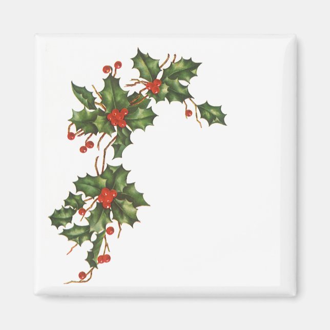 Vintage jul, Holly Plant med Red Berries Magnet (Framsidan)