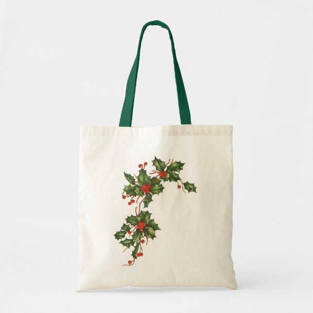 Vintage jul, Holly Plant med Red Berries Tygkasse (Framsidan)