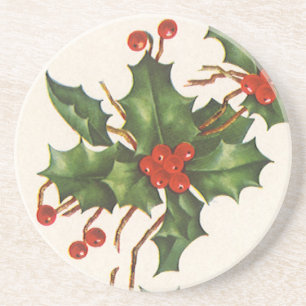 Vintage jul, Holly Plant med Red Berries Underlägg Sandsten