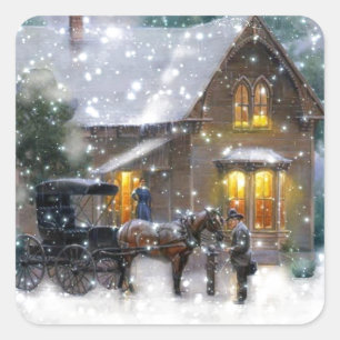 Vintage jul Horse Carriage Winter Scene Fyrkantigt Klistermärke