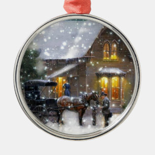 Vintage jul Horse Carriage Winter Scene Julgransprydnad Metall