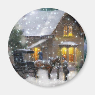 Vintage jul Horse Carriage Winter Scene Magnet